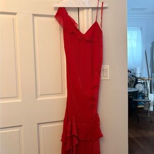 BCBGMaxAzria Red One-Shoulder Ruffle Slip Dress